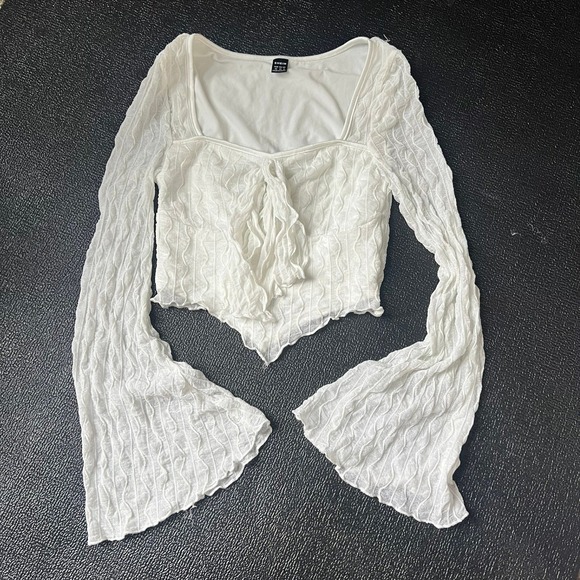 Shein White Textured Bell Sleeve Tie Front Crop Top XS Babydoll Fairycore Boho - Picture 6 of 9
